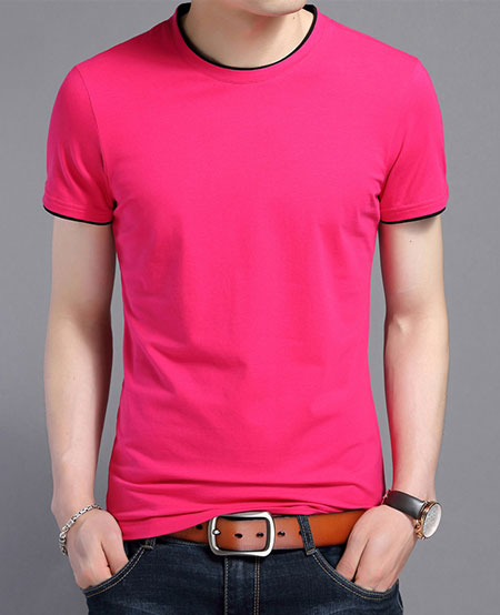 短袖圓領T恤衫定做款式:玫紅色嵌黑邊模板效果圖二