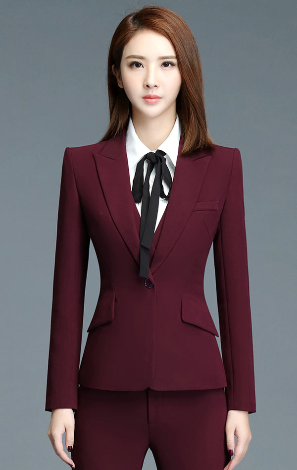 酒紅色時尚女職業西裝定制正面款式特寫圖