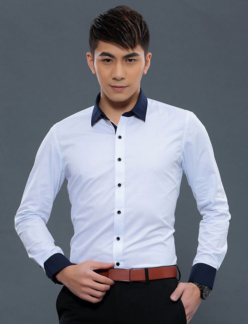 白色配黑領外修身襯衫定做款式圖