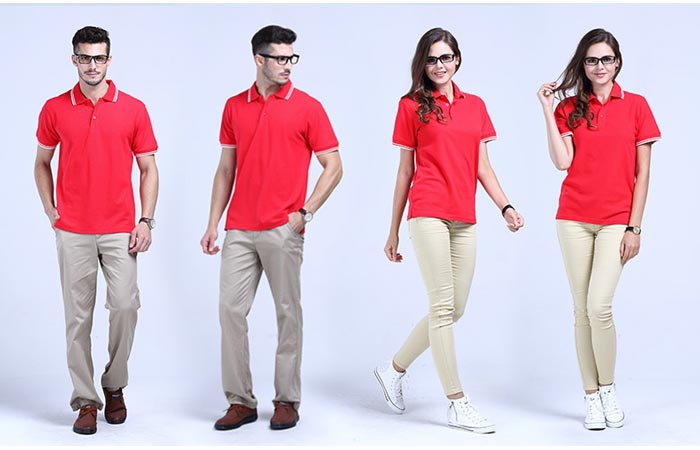 大紅色嵌條翻領t恤衫定制前后款式展示圖片