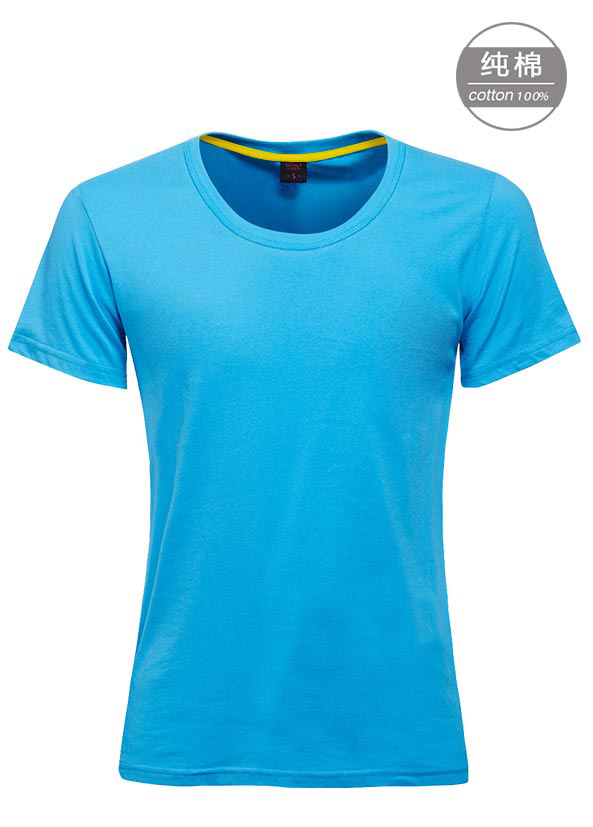 湖藍色純棉短袖女圓領T恤衫